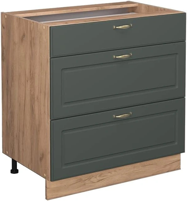 Meuble de Cuisine Vicco Fame-Line, Vert Campagne, 80cm, 3 Tiroirs, Modulable