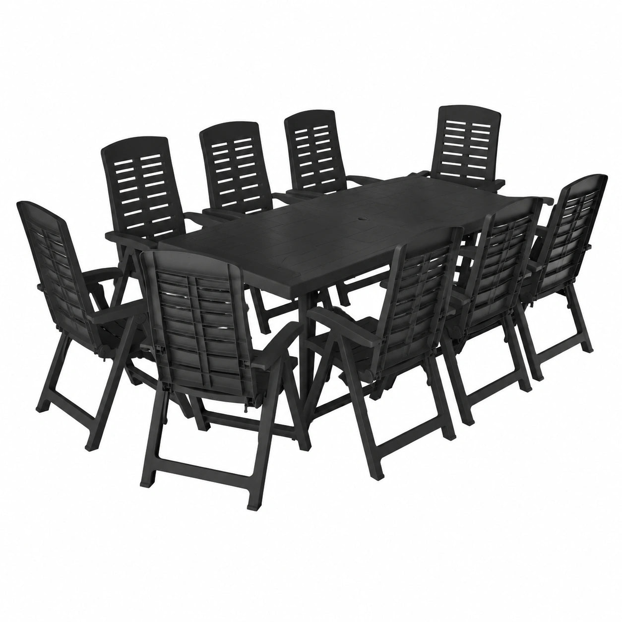 Set de Salle à Manger Extérieur 11 Pièces en Plastique Résistant, Table avec Trou pour Parasol, Chaises Pliantes pour Jardin et Terrasse