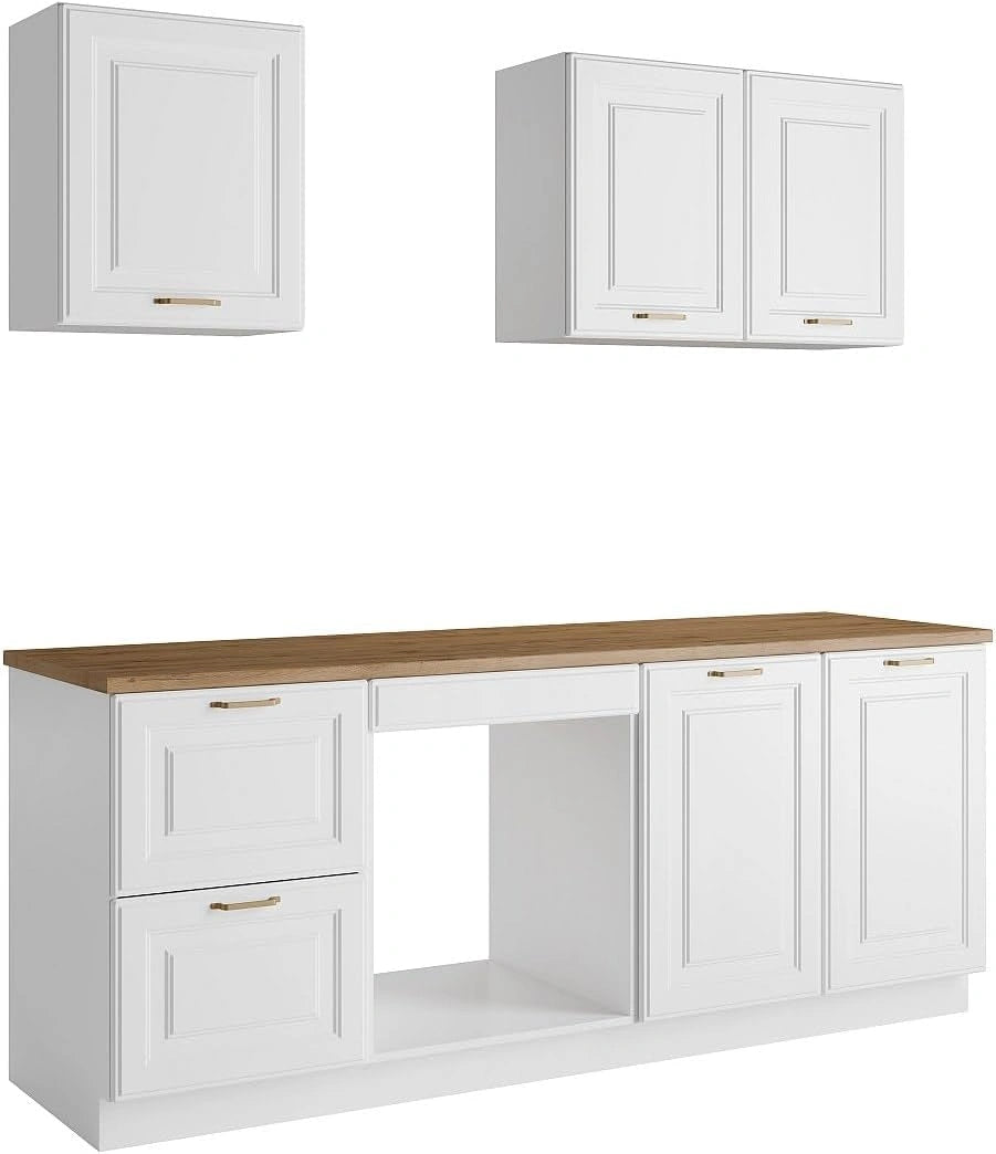 Cuisine Compl¨¨te Moderne avec Plan de Travail 200 cm - Blanc et Bois Naturel - CELOMIA