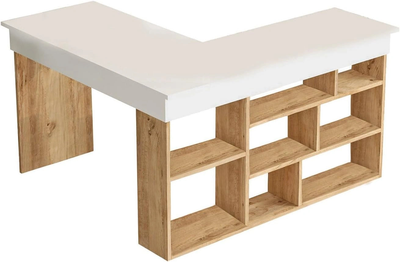 Bureau d'angle avec rangements blanc et naturel - LILEUL
