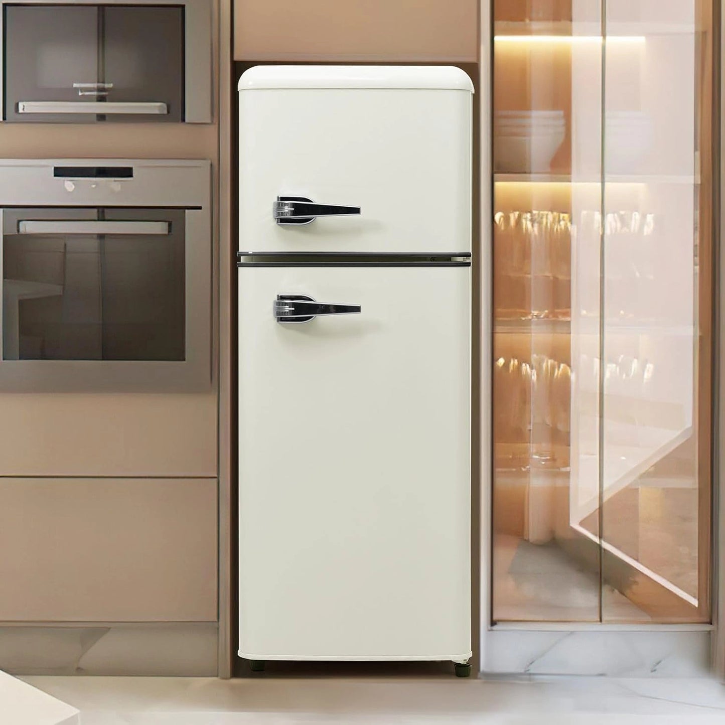 R¨¦frig¨¦rateur r¨¦tro Sweiko ¨¤ deux portes, 92L avec cong¨¦lateur 28L, ¨¦clairage LED, Blanc Antique