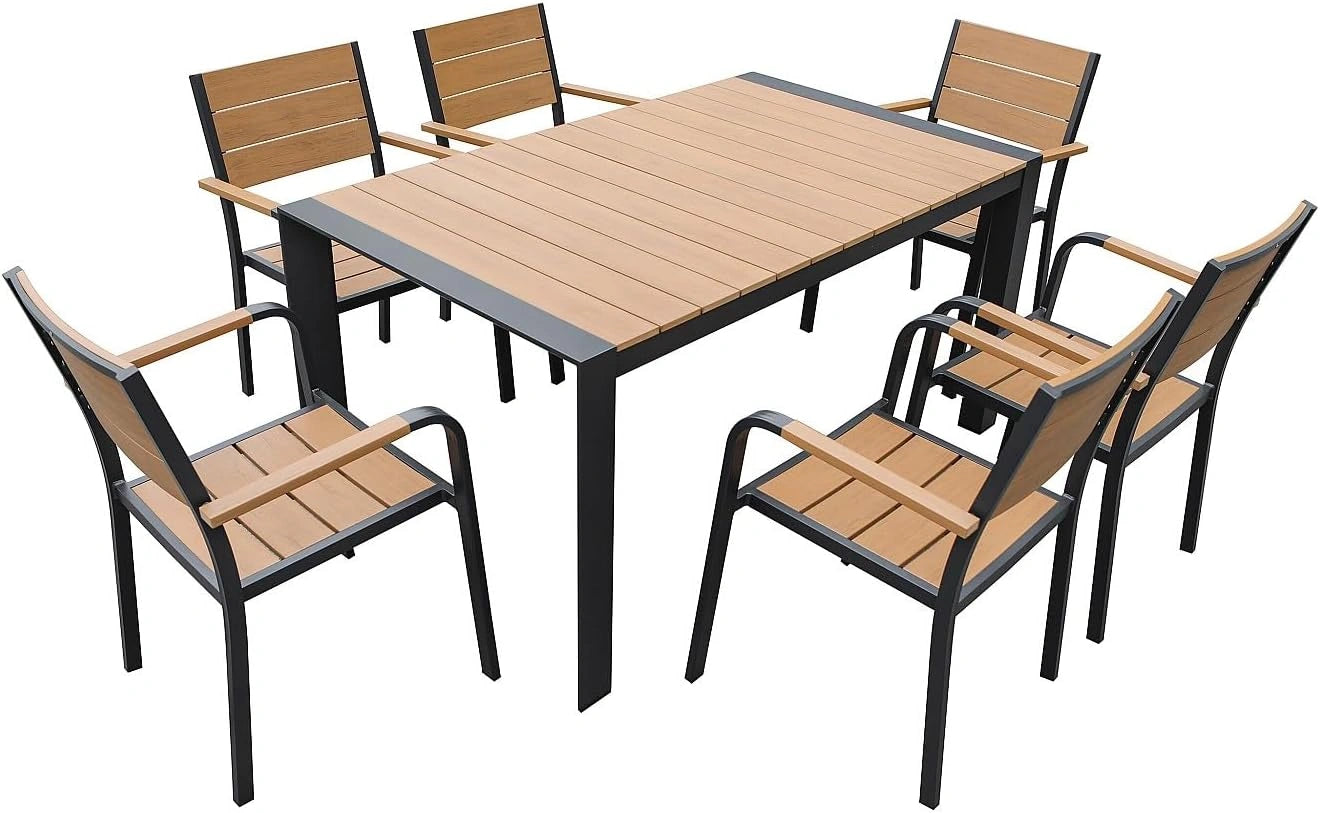 Ensemble de Jardin en Aluminium avec Table 150 cm et 6 Chaises Empilables - Couleurs Naturel Clair et Anthracite