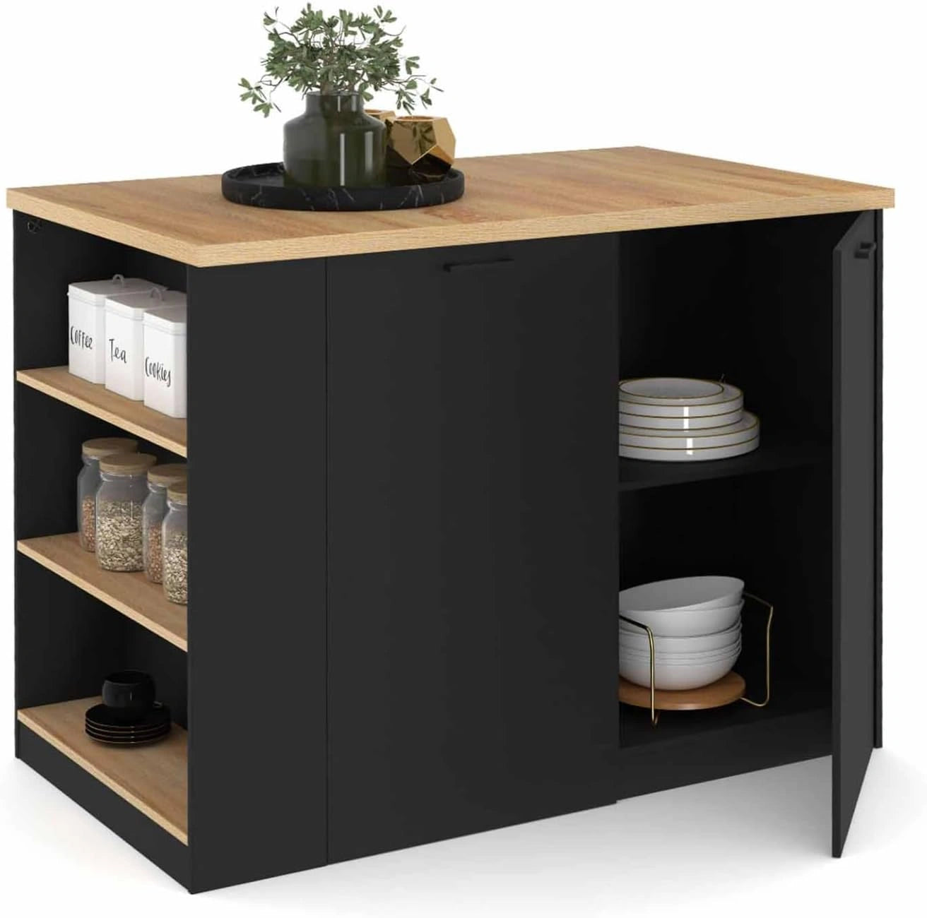 IDMarket - ?lot de cuisine TIBO 120 cm en bois noir avec plan de travail effet h¨ºtre
