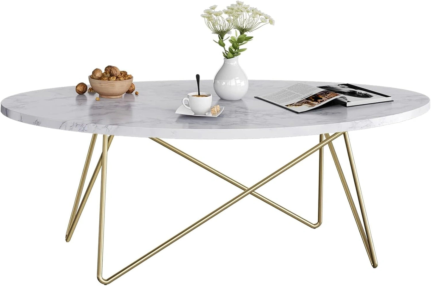 Table basse ovale effet marbr¨¦ avec pieds en m¨¦tal dor¨¦ - 120x60x41 cm - Plateau robuste en bois - Style scandinave pour salon