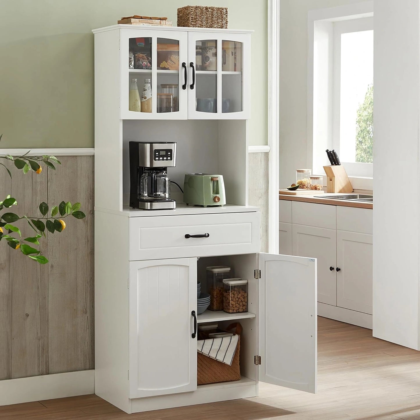 Armoire de Cuisine Moderne avec Portes en Verre et ¨¦tag¨¨res Ajustables - Blanc