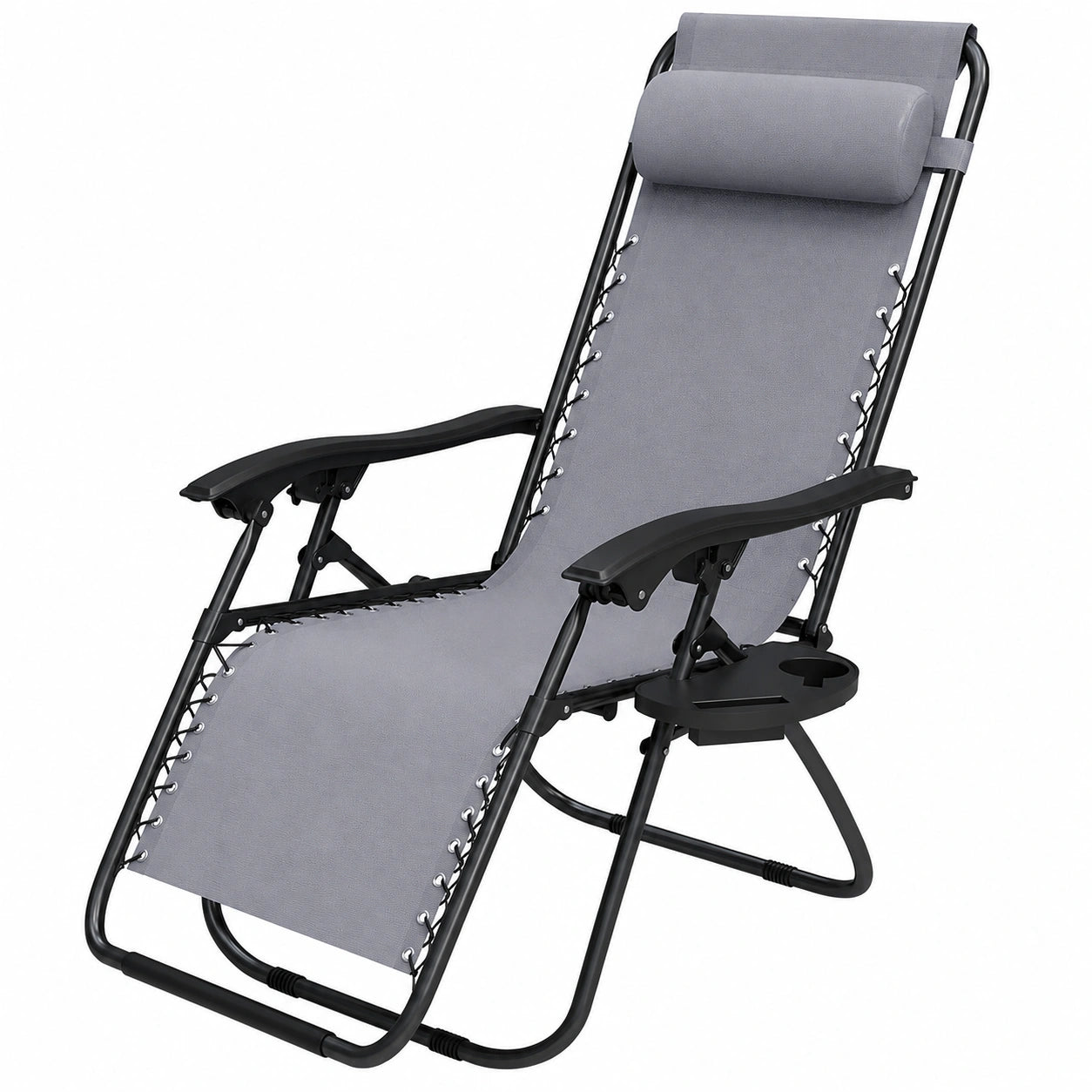 Chaise longue pliable avec porte-gobelet, appuie-tête amovible, gris