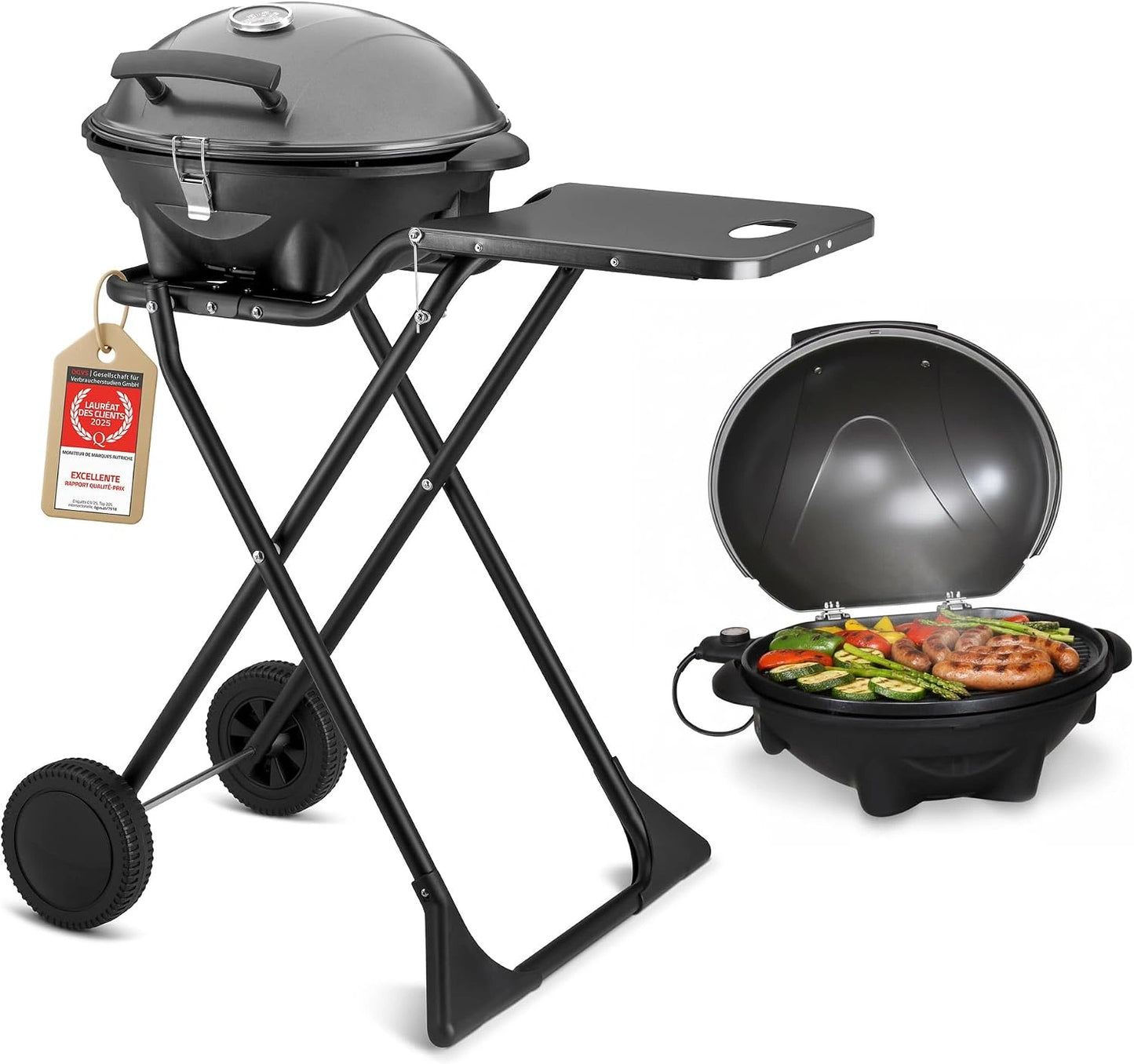 Gril ¨¦lectrique 2 en 1 pour table et sol 2400W - BBQ pliable avec couvercle et chariot, id¨¦al pour balcon et terrasse