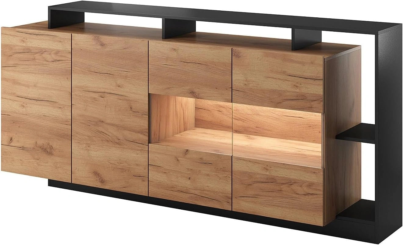 Buffet 4 Portes avec ¨¦clairage LED - Finition Naturelle et Anthracite