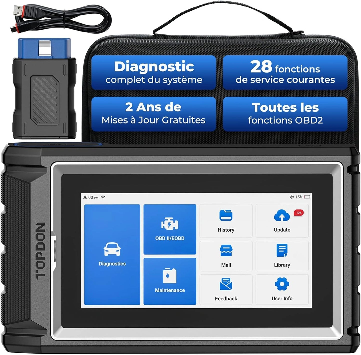 Scanner Bluetooth OBD2 sans Fil TOPDON ArtiDiag800 BT, Diagnostic Complet Voiture, 28 Fonctions de R¨¦initialisation, Contr?le Bidirectionnel, Mises ¨¤ Jour Gratuites 2 Ans