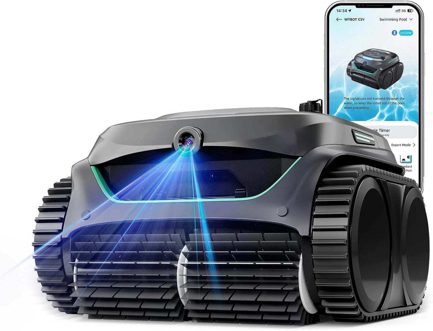 Cam¨¦ra Robot Piscine sans Fil WYBOT C2 avec Vision AI, Nettoyage Sol et Mur, Filtration Double, Aspiration Puissante pour Piscines Enterr¨¦es, 180©O, Gris-Vert