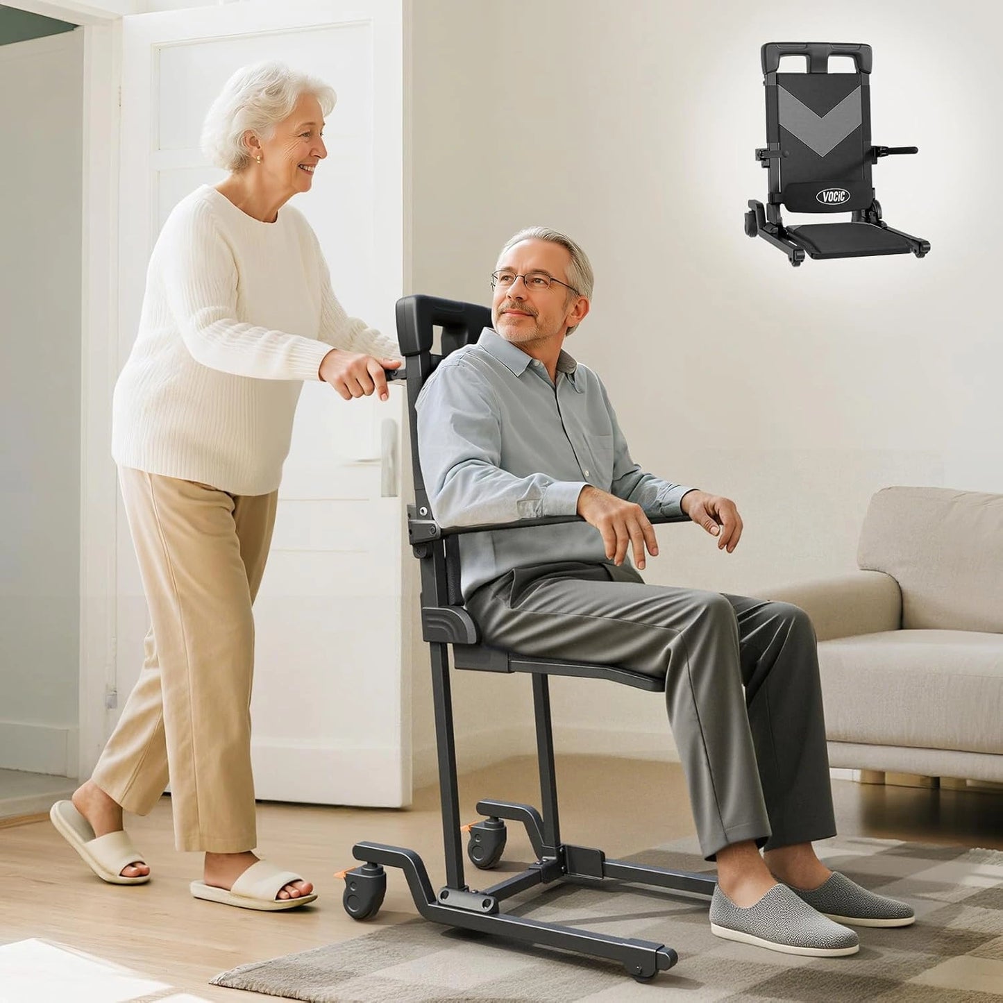 Fauteuil Releveur ¨¦lectrique AX35 avec Fonction de Transfert et Aide au Lever, Capacit¨¦ 160kg, Facilement D¨¦pla?able avec Roulettes et Freins, Design Compact
