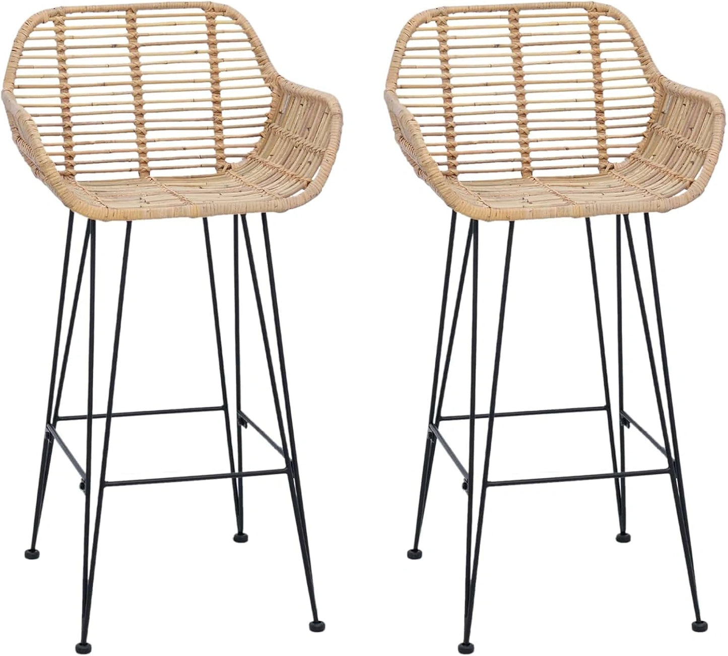 Lot de 2 Tabourets de Bar en Rotin et M¨¦tal avec Accoudoirs