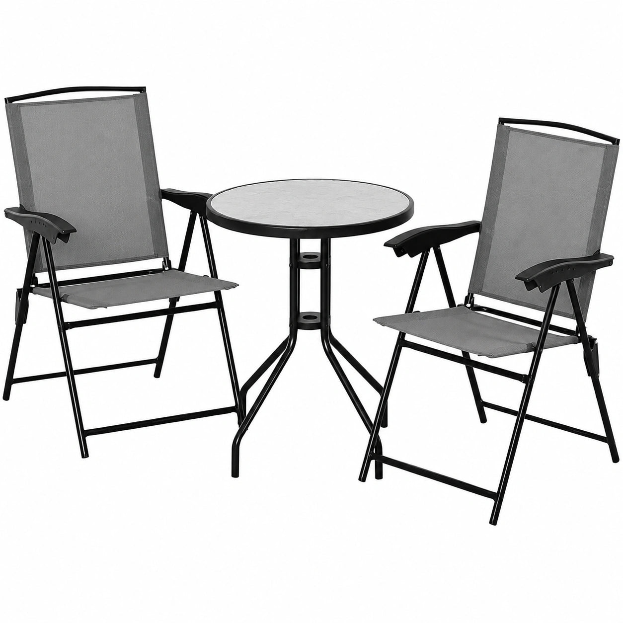 Ensemble de Jardin 3 pièces: Chaises Inclinables et Table Ronde en Verre