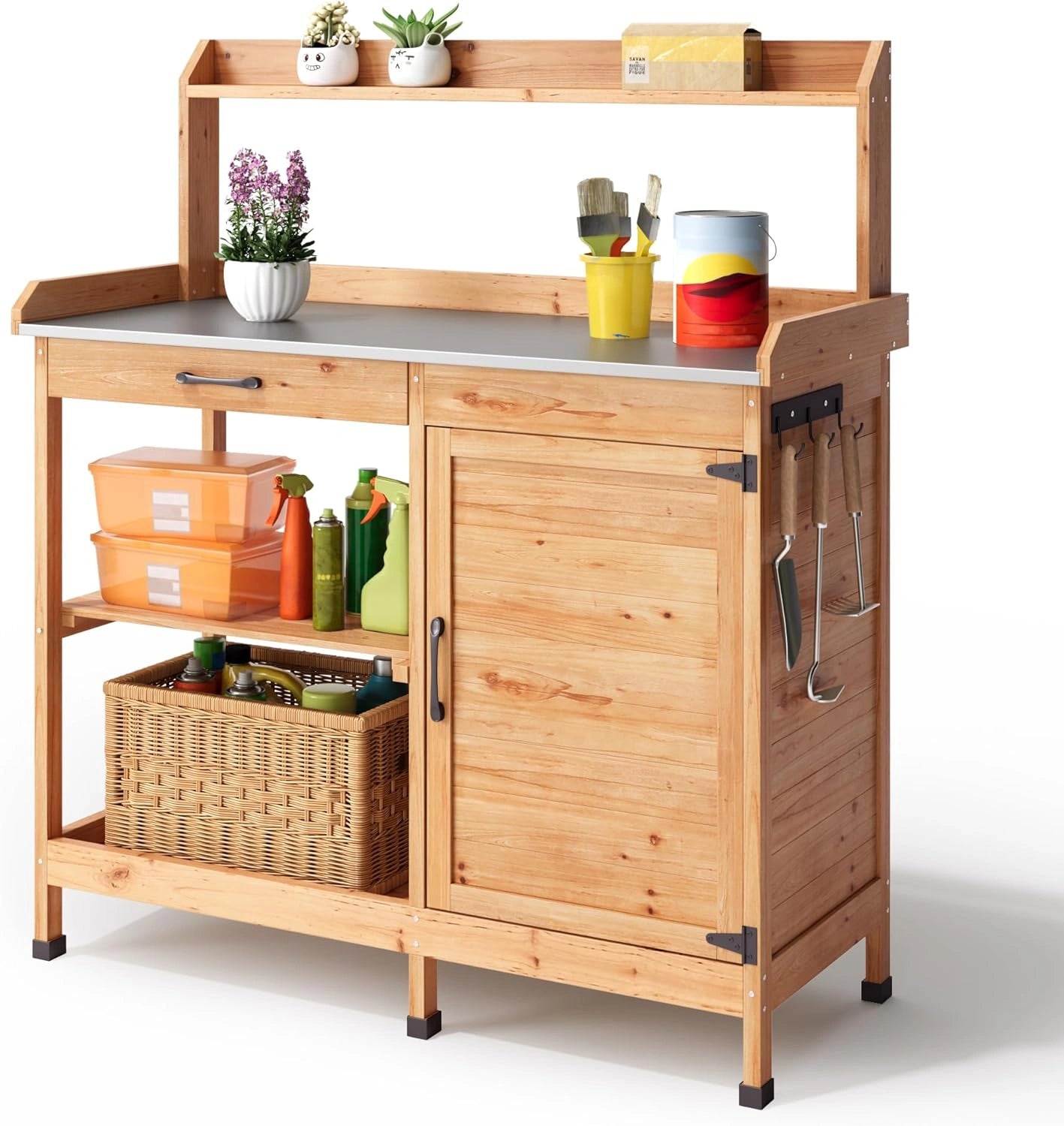 Table de Jardin en Bois avec Rangement et Plateau Galvanis¨¦ pour Terrasse