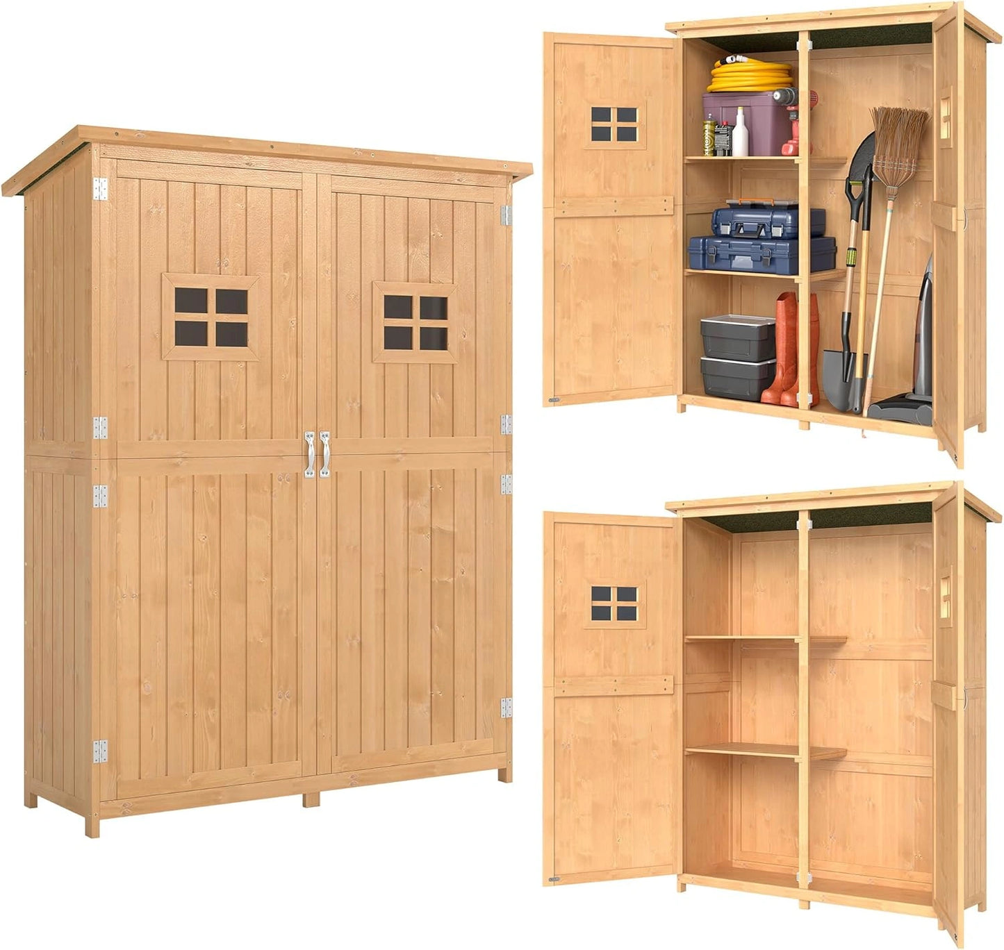 Abri de Jardin en Bois Massif avec ¨¦tag¨¨res et Portes, 127,5 x 50 x 164 cm, Toit ¨¦tanche