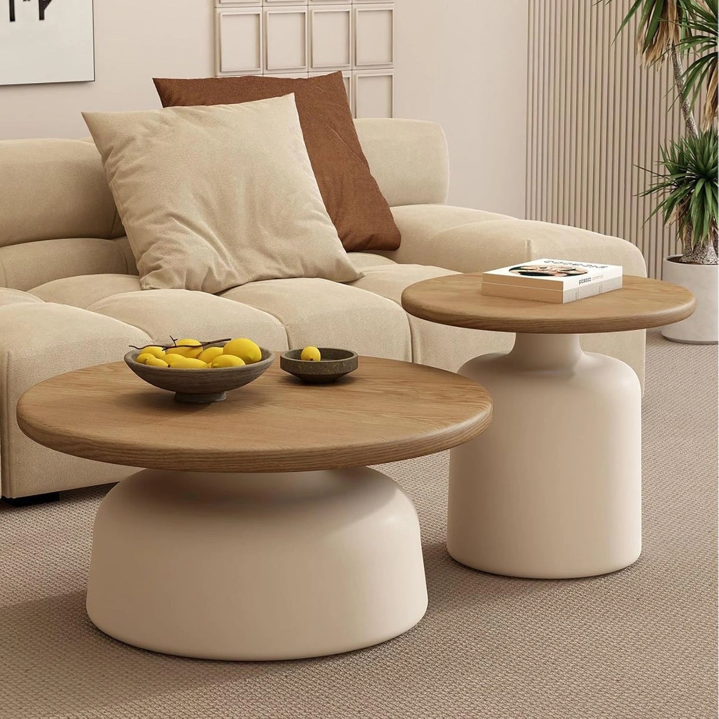 Table Basse Ronde en Bois Massif avec Pi¨¨tement en Acier, Style Contemporain, Facile ¨¤ Assembler