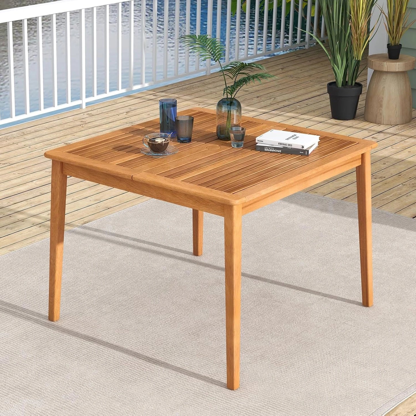 Table de Jardin en Bois d'Acacia FSC pour 4 Personnes avec Trou pour Parasol, 100x100cm