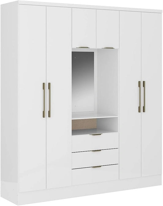 Grande armoire blanche ELORIO avec miroir, 6 portes et 3 tiroirs, L180 cm