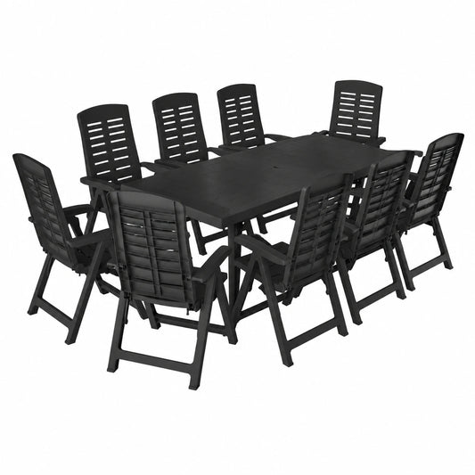 Set de Salle à Manger Extérieur 11 Pièces en Plastique Résistant, Table avec Trou pour Parasol, Chaises Pliantes pour Jardin et Terrasse