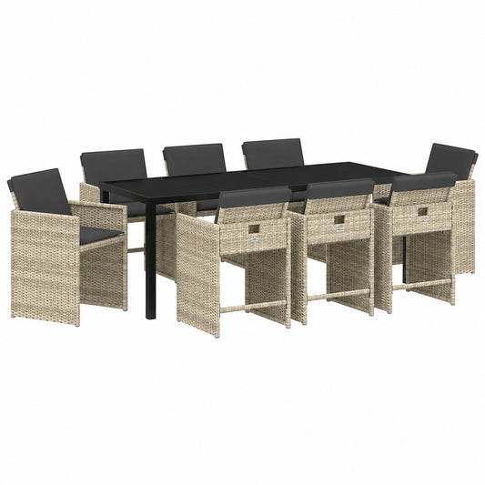 Ensemble de Salle à Manger de Jardin 9 Pièces Gris Clair, Meubles en Rotin Légers et Confortables