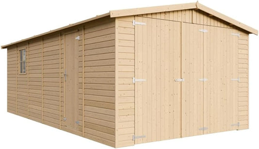Abri de Jardin en Bois Massif 18 m2 - Chalet avec Panneaux H222x616x324 cm - Espace de Rangement pour Outils et V¨¦los - TIMBELA M102