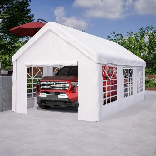 Abri de Garage Hivernal 3 x 6 m avec Porte Roulante pour V¨¦hicules, Structure Solide et Parois Amovibles, Couleur Grise