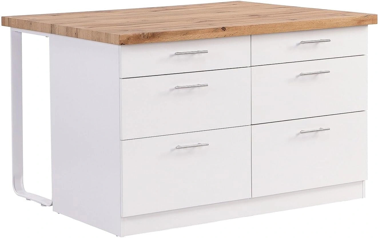 Ilot de Cuisine Moderne avec 6 Tiroirs en Bois et M¨¦tal - Blanc et Ch¨ºne Clair - ALEGRITA