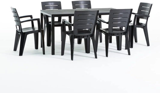 Set de Salle ¨¤ Manger d'Ext¨¦rieur pour 6, Table en Acier Style Bois avec Chaises Empilables - Thomas & Anita