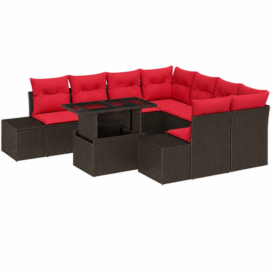 Ensemble de Mobilier de Jardin 9 pièces en Rotin Marron et Rouge