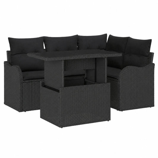 Ensemble de repas d'extérieur 5 pièces avec coussins en rotin noir