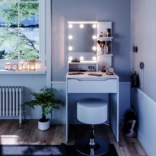 Table de Coiffure Compacte Vicco Ruben avec LED et Tabouret, Blanc 60cm