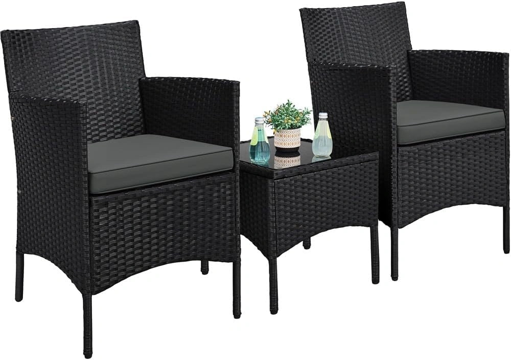 Ensemble de Salon de Jardin pour 2 Personnes avec Table en Verre et Coussin Noir/Gris