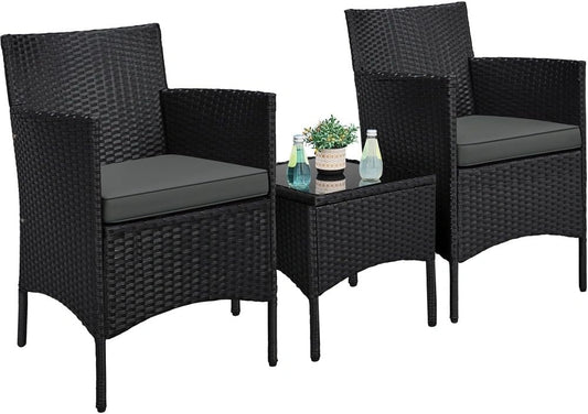 Ensemble de Salon de Jardin pour 2 Personnes avec Table en Verre et Coussin Noir/Gris
