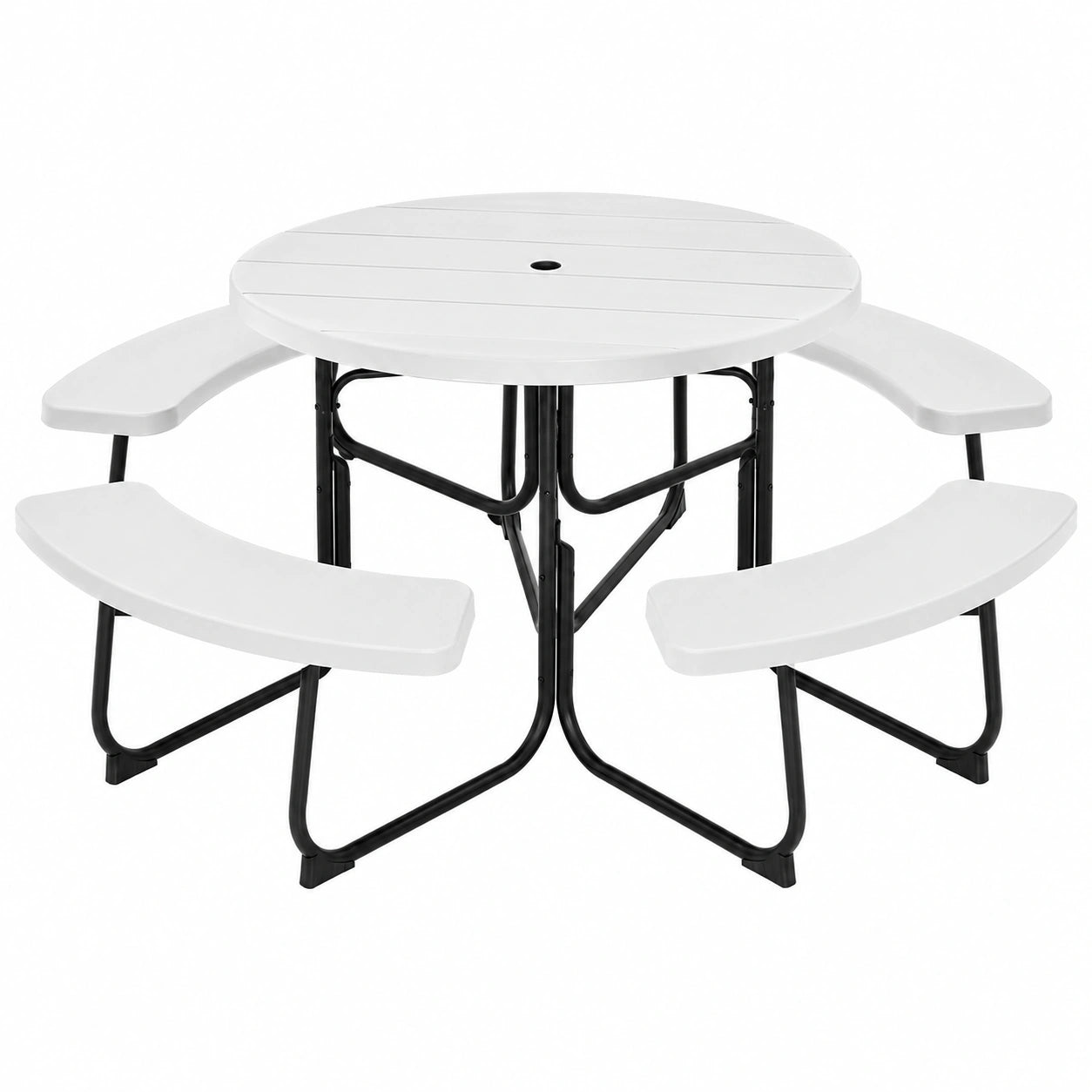 Ensemble de Table de Pique-Nique Ronde avec Parasol et 4 Bancs pour 8 Personnes
