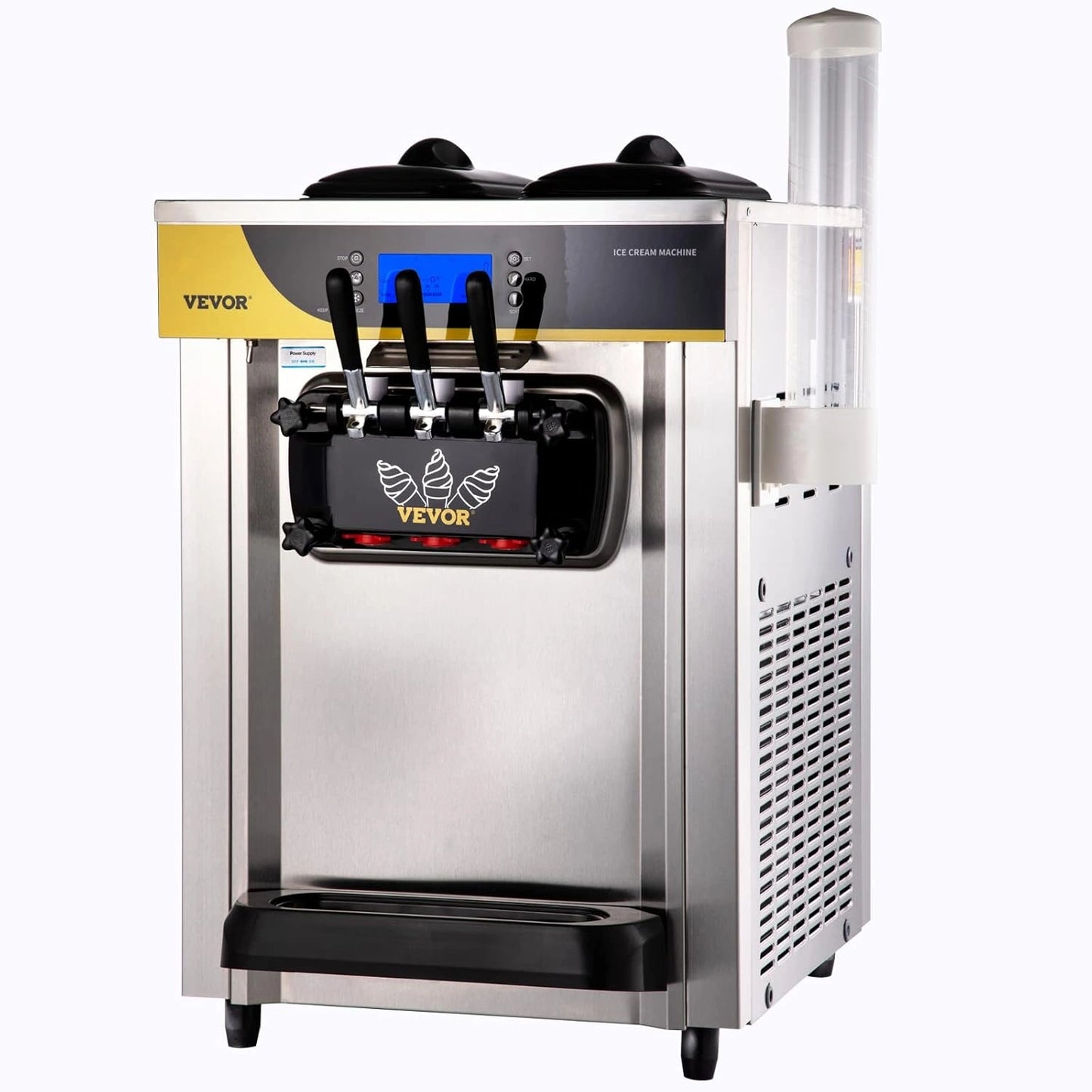 Machine ¨¤ Glace Molle VEVOR 30L/h, Sorbeti¨¨re Professionnelle 3 Saveurs avec Tr¨¦mie 2x6L, Pr¨¦-R¨¦frig¨¦ration et Nettoyage Facile