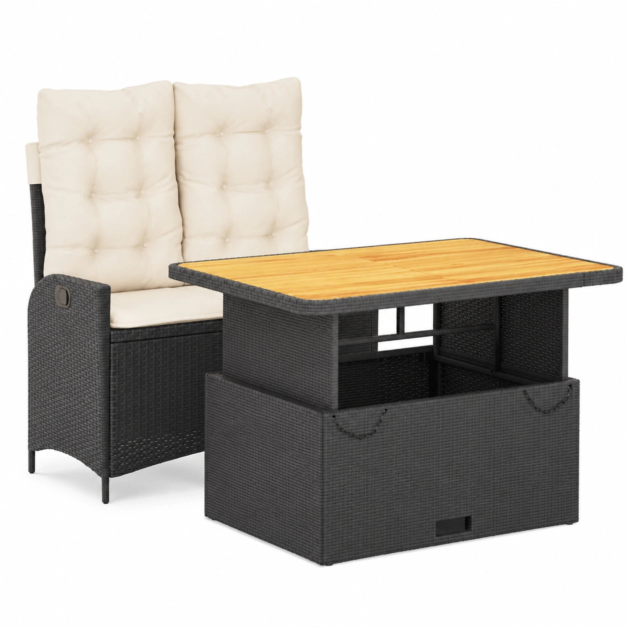 Ensemble de Repas Extérieur avec Coussins Noirs, Table Réglable et Banc Inclinable