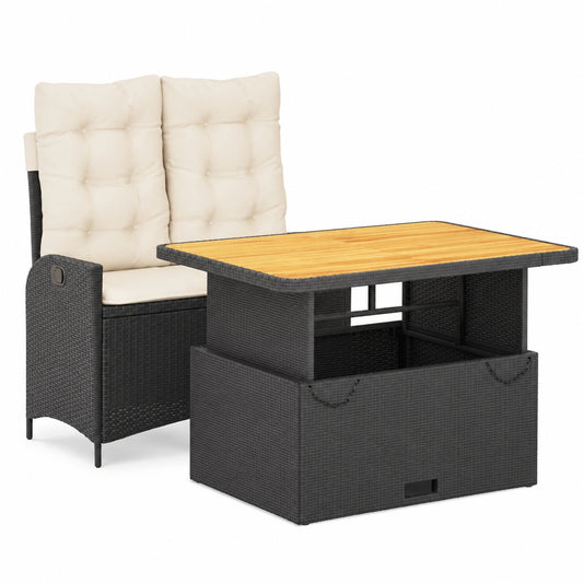 Ensemble de Repas Extérieur avec Coussins Noirs, Table Réglable et Banc Inclinable