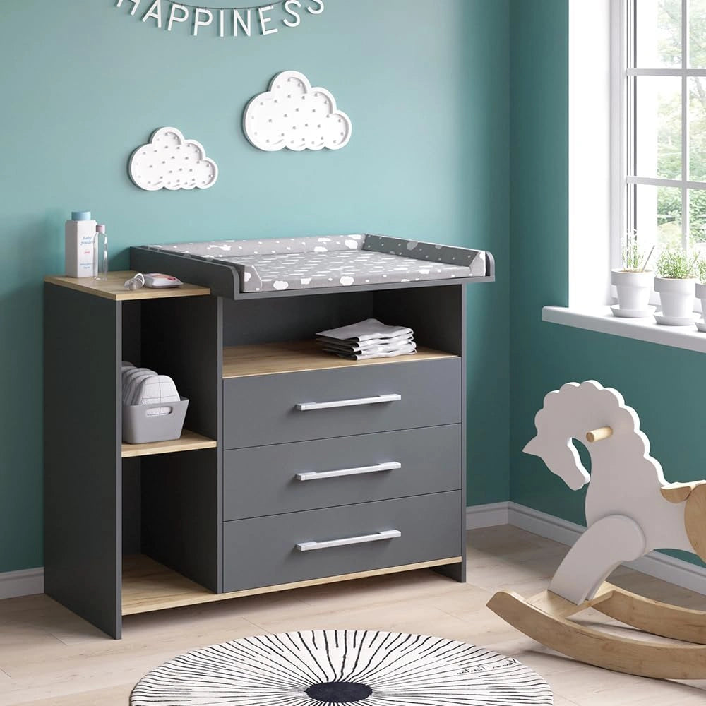 Table ¨¤ Langer Vicco Oskar, Design Anthracite et Ch¨ºne Dor¨¦, 113x93 cm, 3 Tiroirs, Modulable avec Plan Amovible