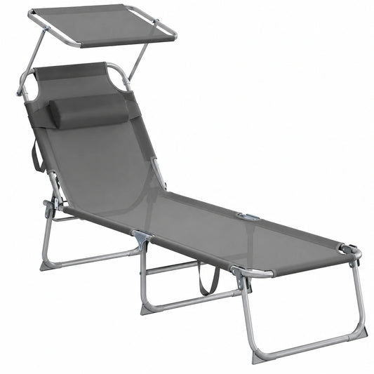Lot de 2 Transats Pliables avec Pare-Soleil et Dossier Réglable, 189 x 53 x 28,5 cm, Confort Jardin, Capacité 110 kg, Gris