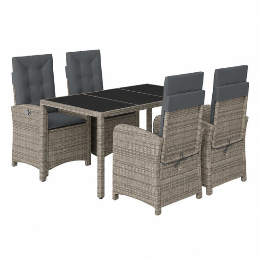 Salon de jardin en résine tressée 5 pièces avec coussins lavables et table en verre trempé