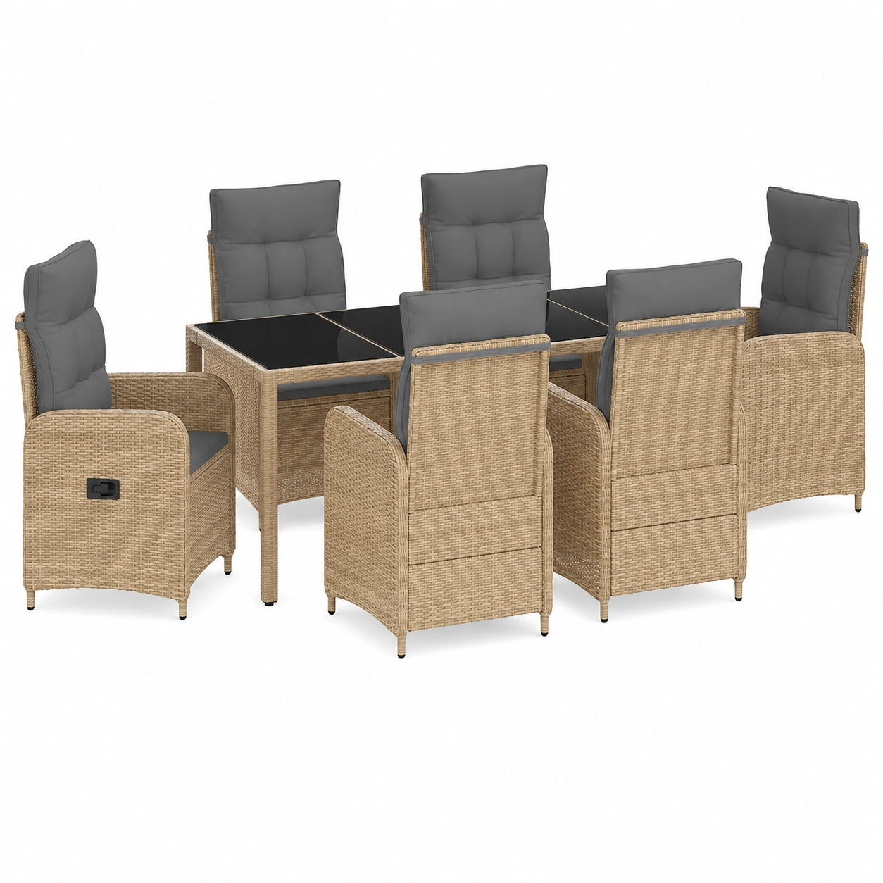 Ensemble de repas extérieur moderne avec table en verre et chaises réglables