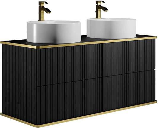 Ensemble Meuble Salle de Bain Suspendu Noir avec Double Vasque Ronde - 120 cm - Finition Dor¨¦e - KELIZA