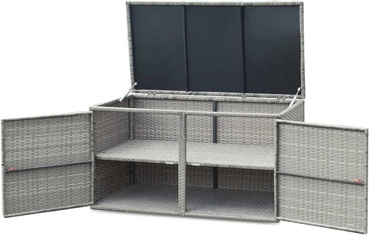 Coffre de Jardin en Rotin PE Homasis 335L, Banc de Rangement ¨¤ 2 Niveaux pour Terrasse, Capacit¨¦ 80KG, 115 x 60 x 65 cm, Gris