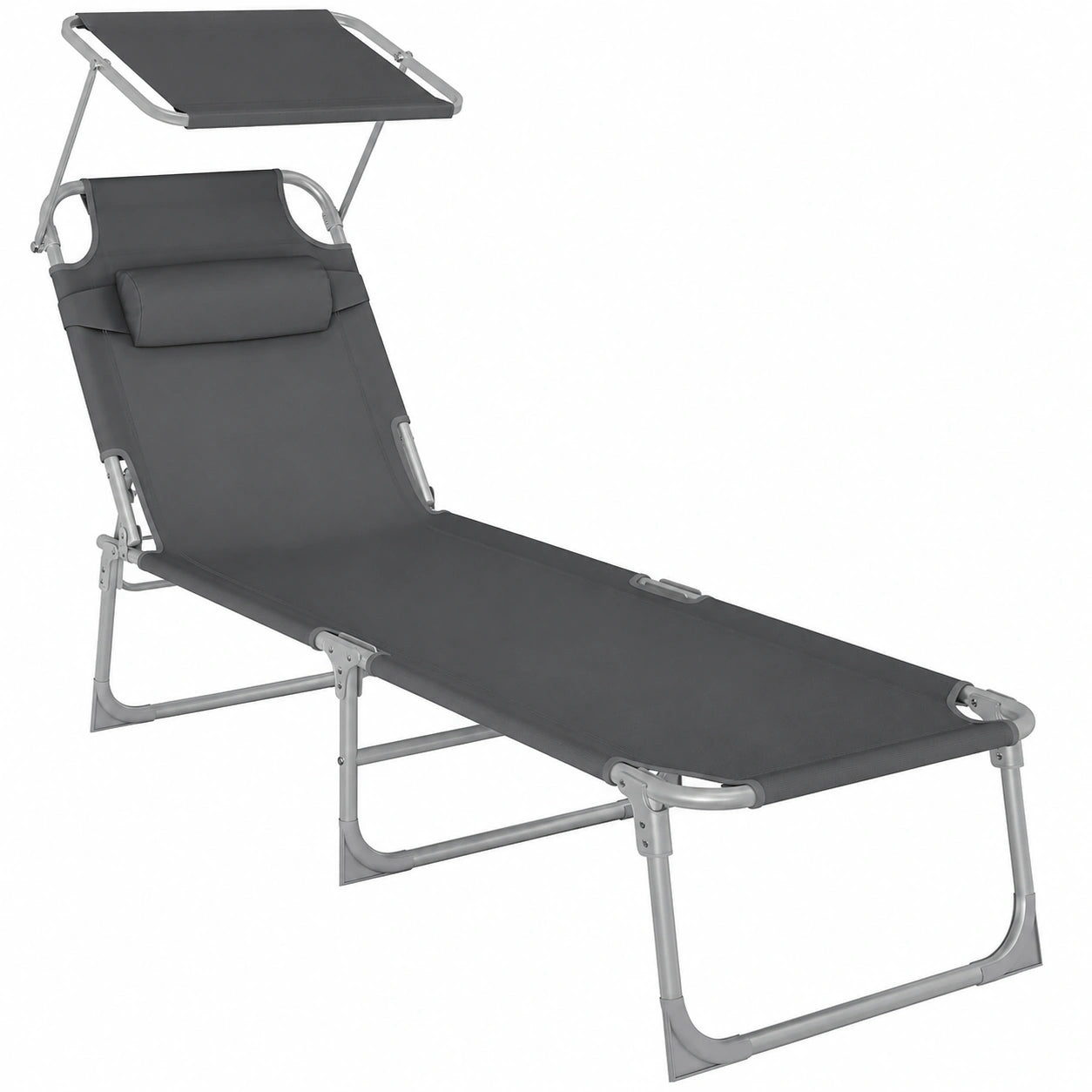 Chaise Longue Pliable avec Pare-soleil et Appuie-Tête Réglable, 193 x 53 x 29 cm, Capacité 150 kg, pour Jardin et Terrasse