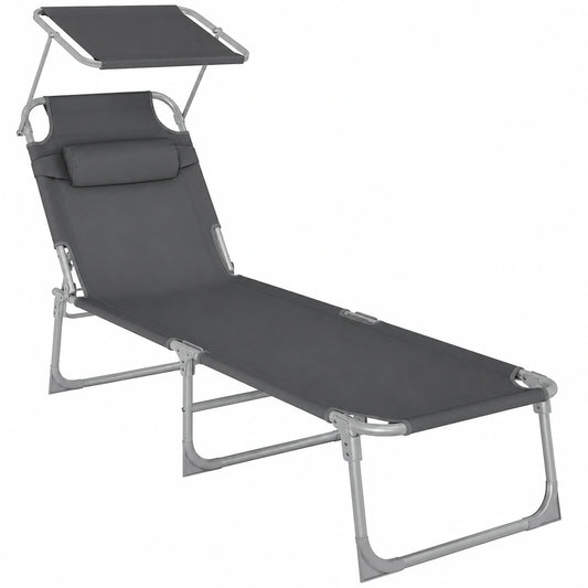 Chaise Longue Pliable avec Pare-soleil et Appuie-Tête Réglable, 193 x 53 x 29 cm, Capacité 150 kg, pour Jardin et Terrasse