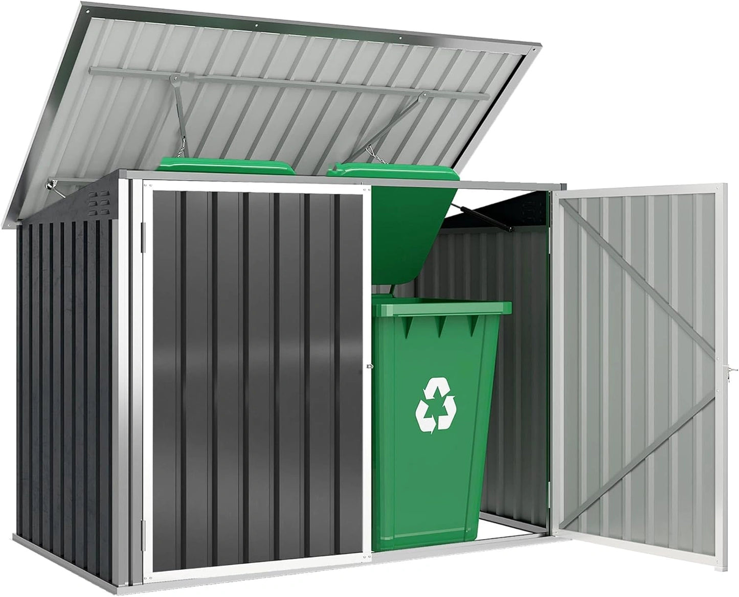 Abri Poubelle Double en Acier Galvanis¨¦ pour 2 Bacs de 240L - Couvercle avec Syst¨¨me de Cha?nes, V¨¦rins ¨¤ Gaz et Portes S¨¦curis¨¦es - Rangement Jardin 179,5x108x129,5cm Gris