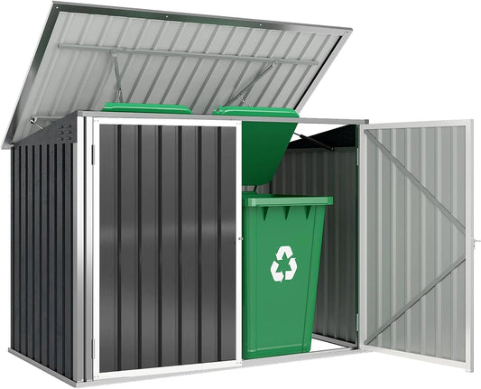 Abri Poubelle Double en Acier Galvanis¨¦ pour 2 Bacs de 240L - Couvercle avec Syst¨¨me de Cha?nes, V¨¦rins ¨¤ Gaz et Portes S¨¦curis¨¦es - Rangement Jardin 179,5x108x129,5cm Gris