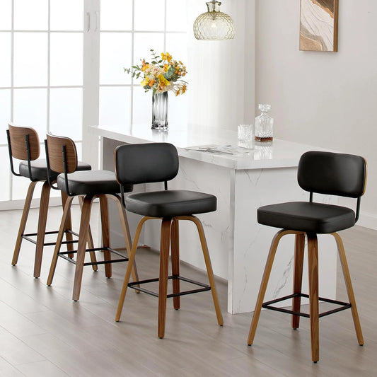 Tabourets de bar pivotants 360¡ã en cuir synth¨¦tique et bois massif, lot de 4, hauteur d'assise 65 cm, avec dossier