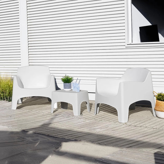 Ensemble de jardin Ibiza - 2 fauteuils empilables avec accoudoirs et table basse en plastique blanc pour ext¨¦rieur