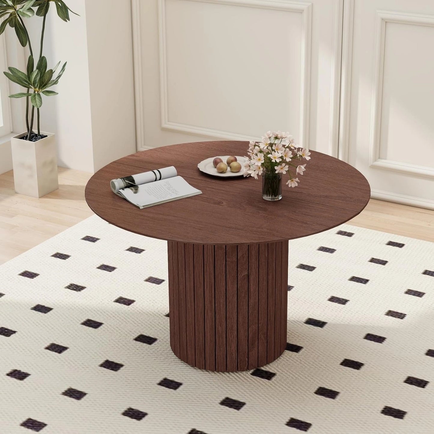 Table ¨¤ Manger Ronde en Bois de Style Moderne, Design Wabi-Sabi, Finition Bois Marron Clair, Base Cylindrique, 120 x 120 x 76 cm